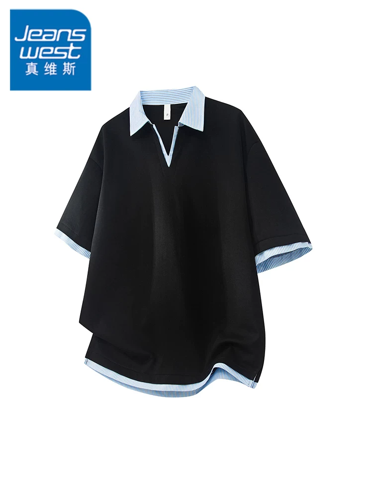 Áo thun giả hai mảnh phối màu phong cách Mỹ của Jeanswest dành cho nam, áo thun ngắn tay rộng rãi hợp thời trang mùa hè, đa năng, thoáng mát và thân thiện với làn da.