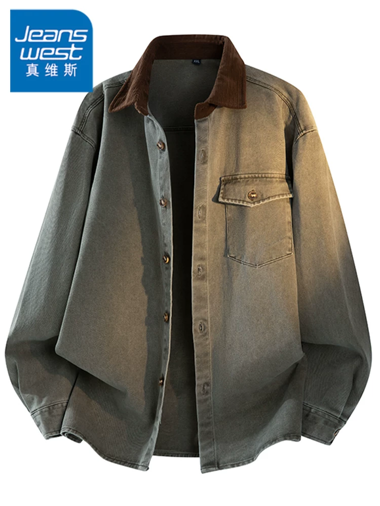 Jeanswest American retro 100% cotton nguyên chất áo sơ mi cổ điển phối màu cho nam mùa xuân và mùa thu áo khoác thương hiệu thời trang giản dị rộng rãi