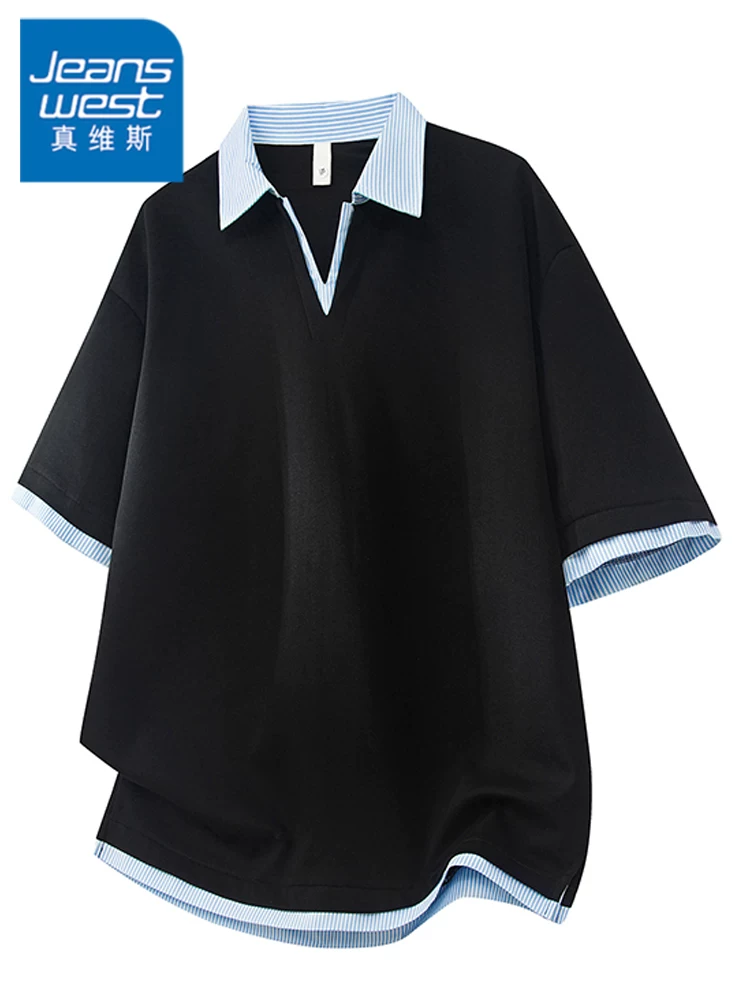 Áo thun nam cổ chữ V sọc giả hai mảnh phong cách Mỹ của Jeanswest, dáng rộng mùa hè, cảm giác cao cấp, thoáng khí, thân thiện với làn da, tay ngắn hợp thời trang.