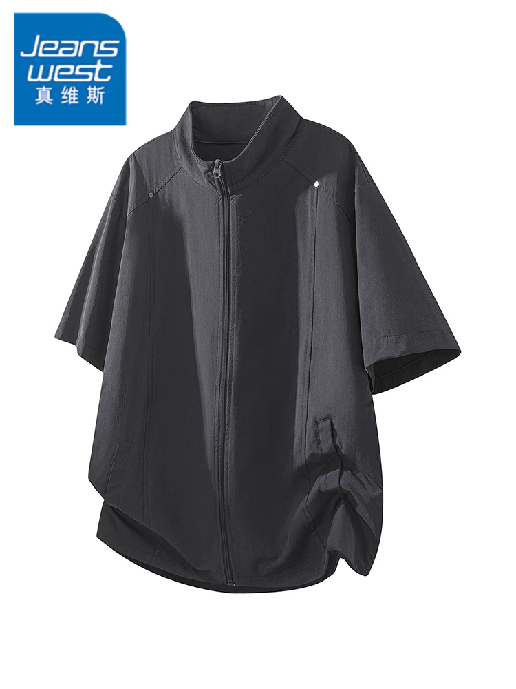 Áo thun cardigan có khóa kéo cổ đứng kiểu Mỹ của Jeanswest dành cho nam, mùa xuân hè, thương hiệu thời trang cao cấp, tay ngắn thoáng khí, phong cách giản dị.