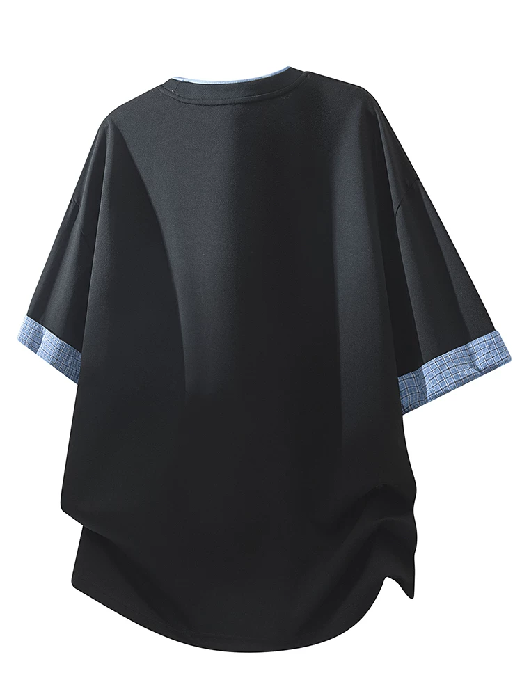 Áo thun cổ tròn tay lửng giả hai mảnh phong cách cao cấp của Jeanswest dành cho nam, áo thun màu đen dáng rộng thường ngày mùa xuân hè.