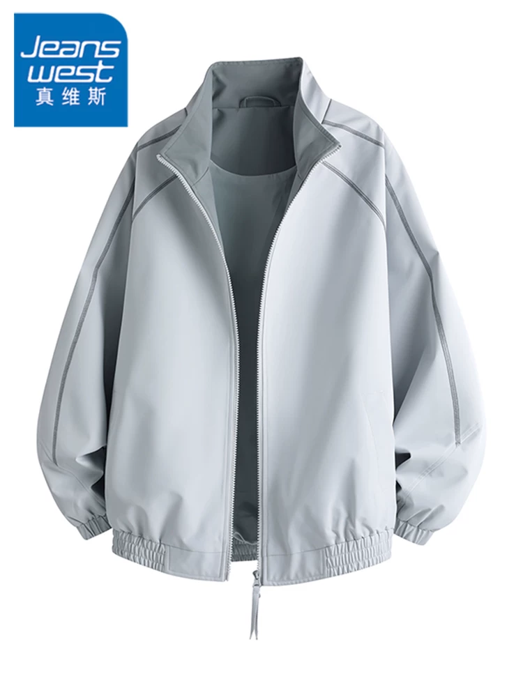 Áo khoác thường ngày cổ đứng phong cách Mỹ của thương hiệu Jeanswest dành cho nam, mùa xuân thu, cao cấp, cá tính và sành điệu, áo khoác có khóa kéo dáng rộng.