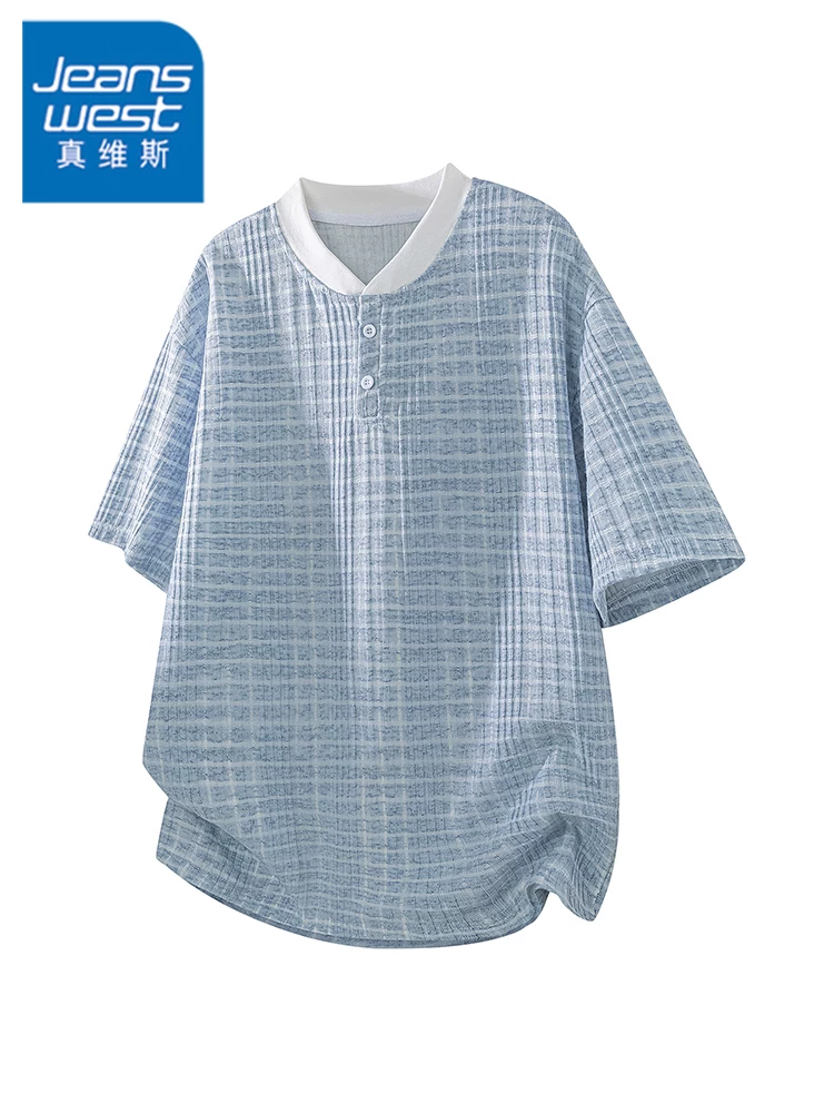 Áo thun nam nửa khóa kéo kiểu Mỹ của Jeanswest, mùa xuân hè, thương hiệu thời trang cao cấp, phong cách và cá tính, tay ngắn rộng rãi và thoáng khí.