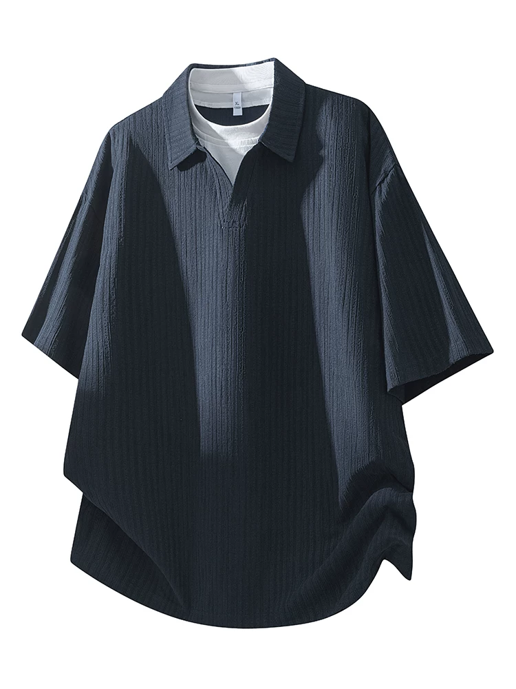 Áo thun ngắn tay giả hai mảnh kiểu Mỹ của Jeanswest dành cho nam, áo polo dáng rộng mùa xuân hè, áo màu đen.