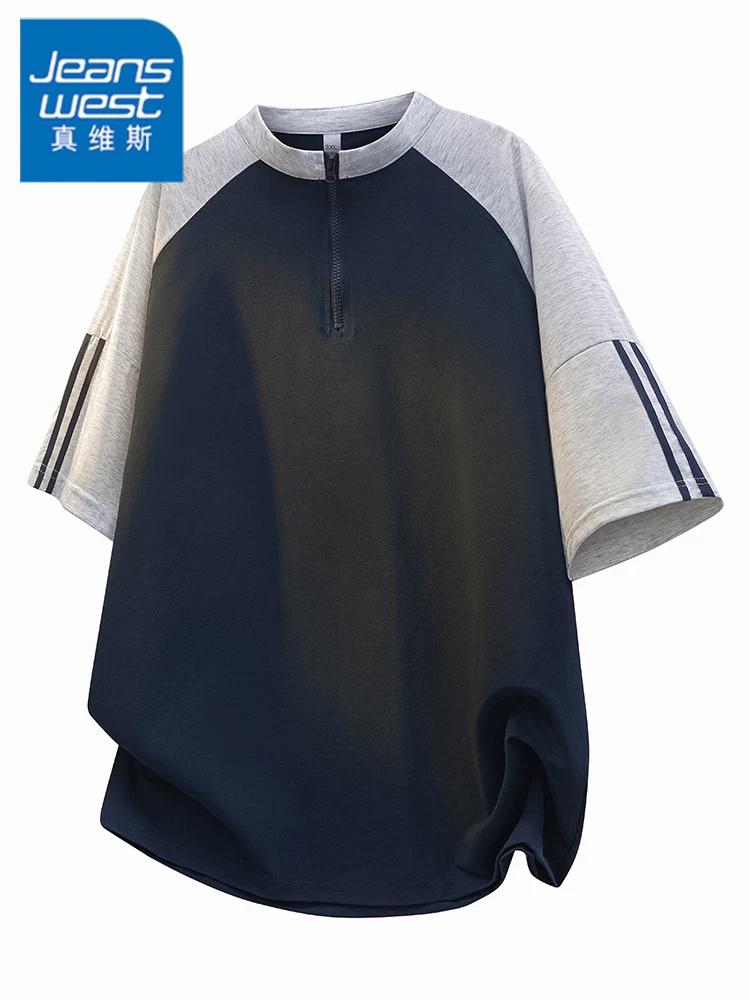 Áo thun nam Jeanswest kiểu Mỹ phối màu, nửa khóa kéo, mùa hè cao cấp, dáng rộng, chất liệu thoáng mát, hợp thời trang, tay ngắn.