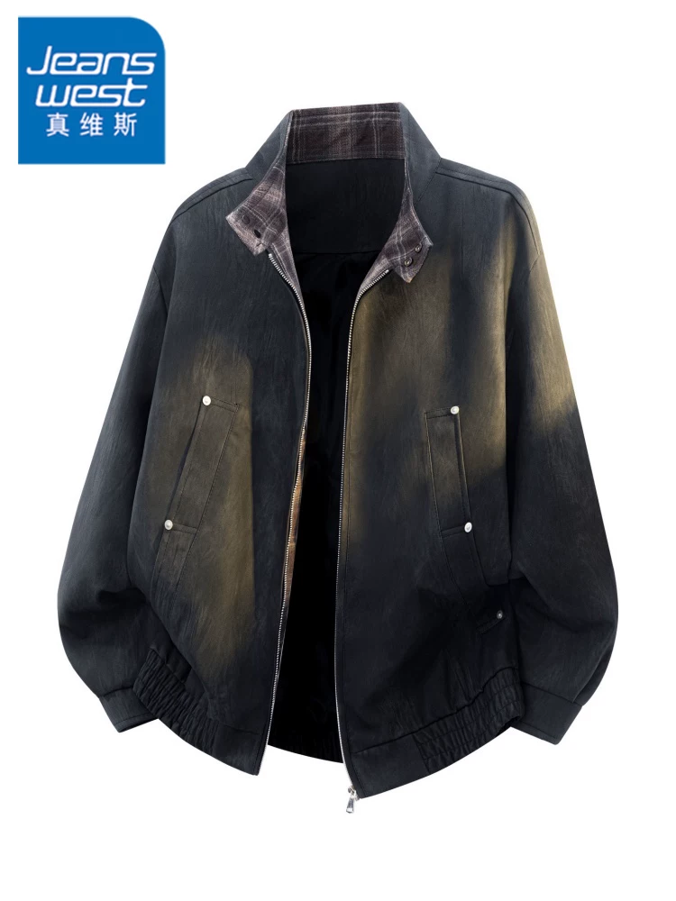 Áo khoác da PU cổ đứng phối màu phong cách Mỹ của Jeanswest dành cho nam, mùa xuân thu, thương hiệu thời thượng cao cấp, áo khoác ngoài dáng rộng thoải mái và sành điệu.