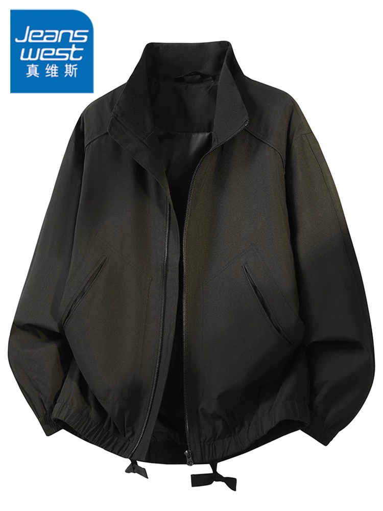 Áo khoác cổ đứng phong cách Mỹ thời thượng của Jeanswest dành cho nam, mùa xuân thu, áo khoác đen dáng rộng cao cấp, phong cách thường ngày.