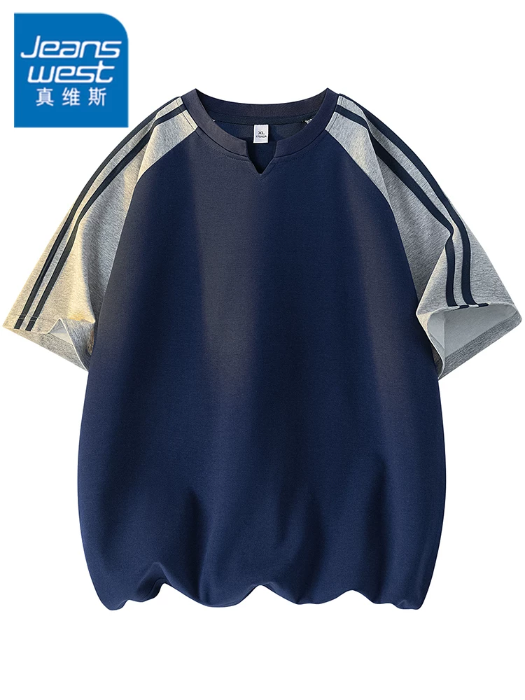 Áo thun nam cổ chữ V sọc màu phong cách Mỹ của Jeanswest, thoáng khí mùa hè, thân thiện với làn da, dáng rộng, cảm giác cao cấp, tay ngắn mỏng.