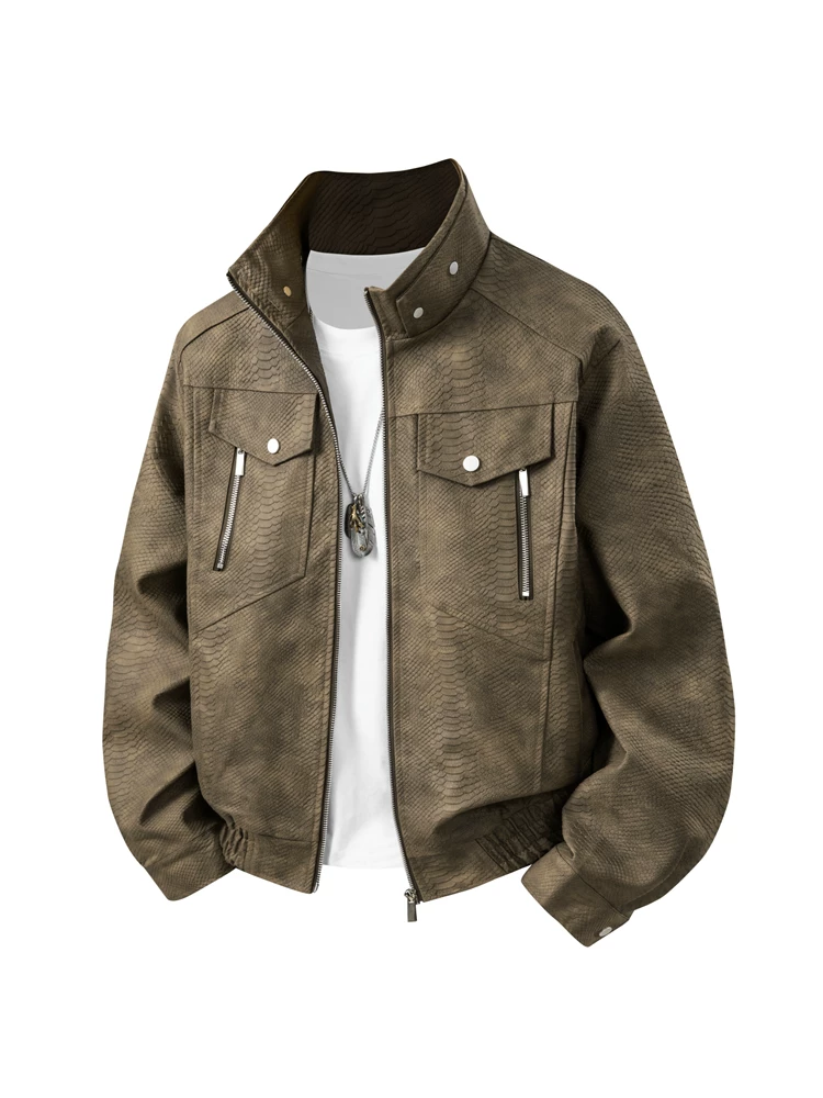 Áo khoác da cổ đứng phong cách retro Mỹ của Jeanswest dành cho nam, phong cách đường phố mùa xuân thu, áo khoác da rộng rãi và cá tính.