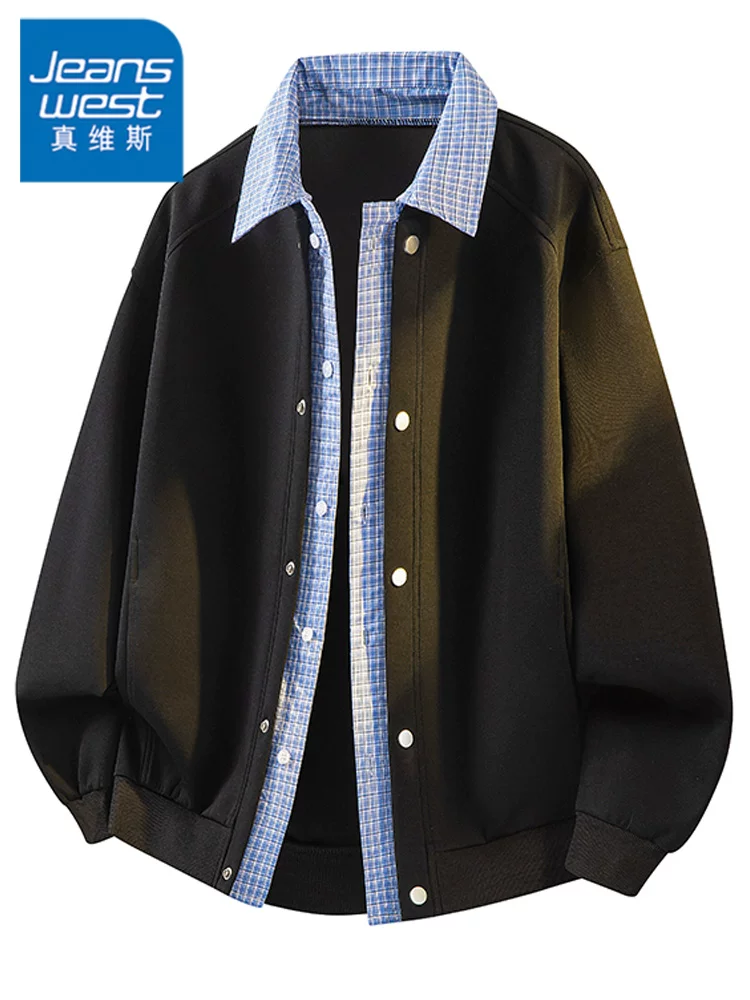 Áo khoác giả hai lớp kiểu Mỹ thời thượng của thương hiệu Jeanswest dành cho nam, dáng rộng, size lớn, áo khoác ngoài dệt kim phong cách thường ngày cho mùa xuân và mùa thu.