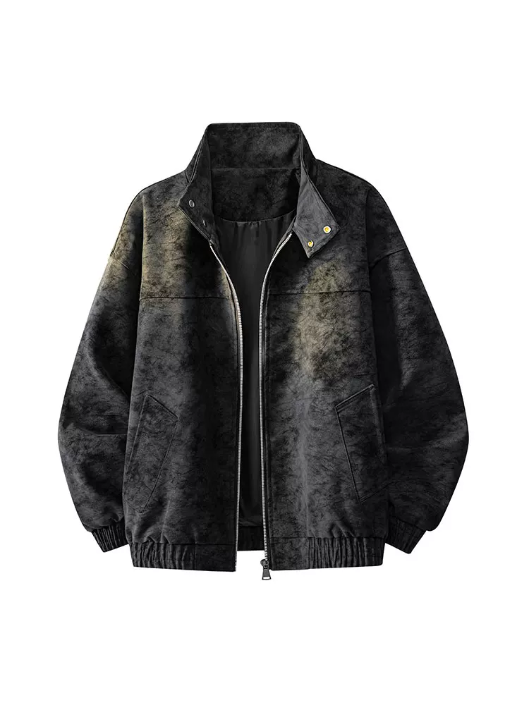 Áo khoác da cổ đứng kiểu Mỹ của Jeanswest dành cho nam, mùa xuân thu, dáng rộng, cảm giác cao cấp, áo khoác da thường ngày đa năng.