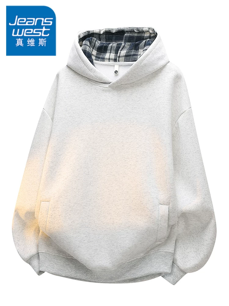Áo nỉ có mũ trùm đầu bằng vải kẻ sọc chắp vá của Jeanswest dành cho nam giới, áo thun thương hiệu thời trang cao cấp dáng rộng thông thường mùa xuân và mùa thu.