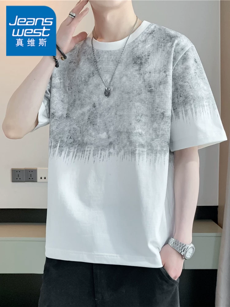 Áo thun cổ tròn dáng rộng phong cách Mỹ của Jeanswest dành cho nam, tay ngắn mùa hè, áo ngắn tay cao cấp, thoáng khí, phong cách thường ngày.