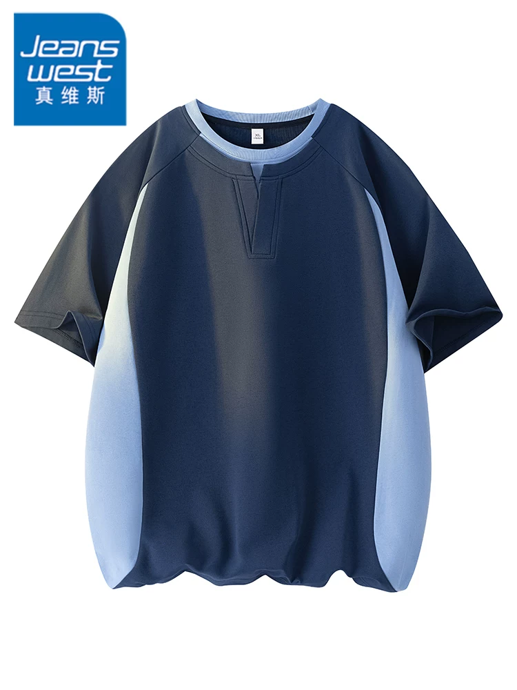Áo thun giả hai mảnh cổ tròn thoáng khí kiểu Mỹ của Jeanswest dành cho nam, dáng rộng mùa hè, cảm giác cao cấp, tay ngắn thân thiện với làn da, phong cách thường ngày.