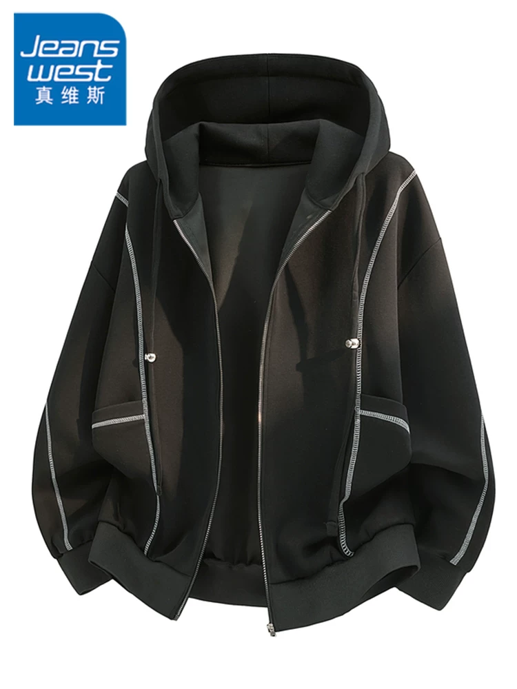 Áo khoác có mũ trùm đầu cao cấp phong cách Mỹ của Jeanswest dành cho nam, mùa xuân và mùa thu, áo khoác màu đen rộng rãi, thoải mái, đa năng, mát mẻ.