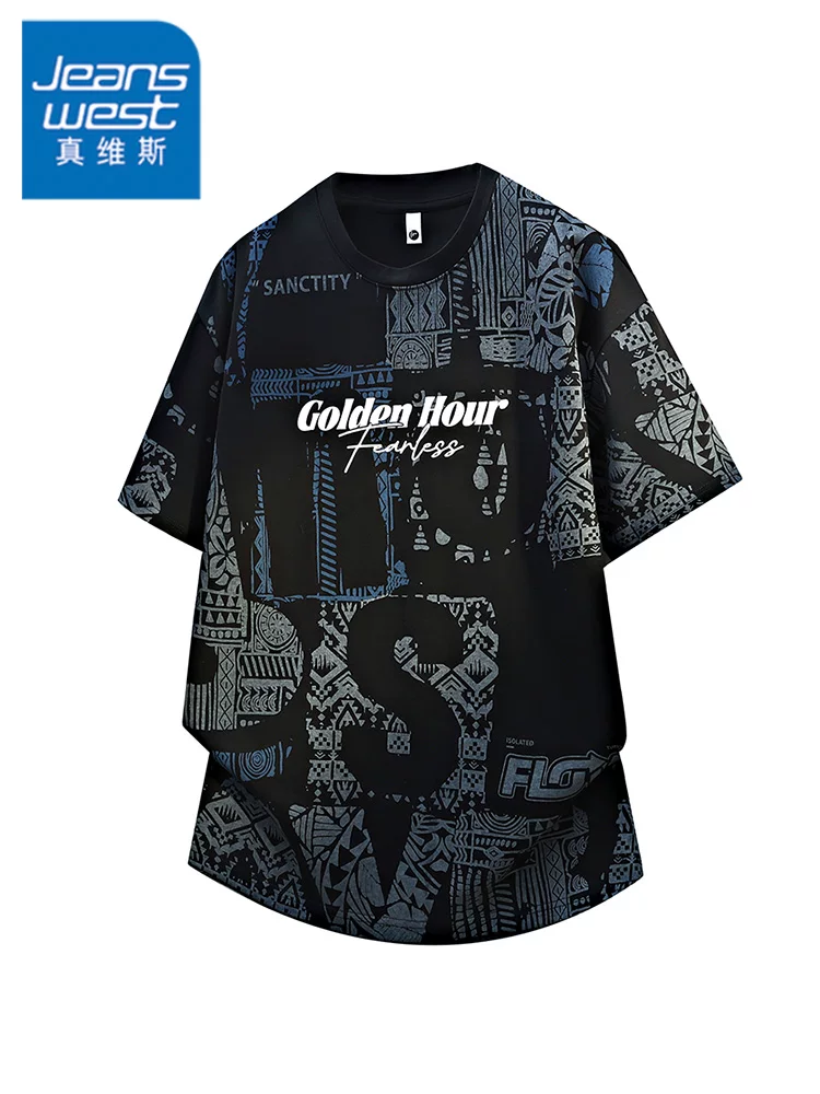 Áo thun cổ tròn in chữ phong cách Mỹ của Jeanswest dành cho nam, áo thun ngắn tay thoáng khí, rộng rãi, hợp thời trang mùa hè.
