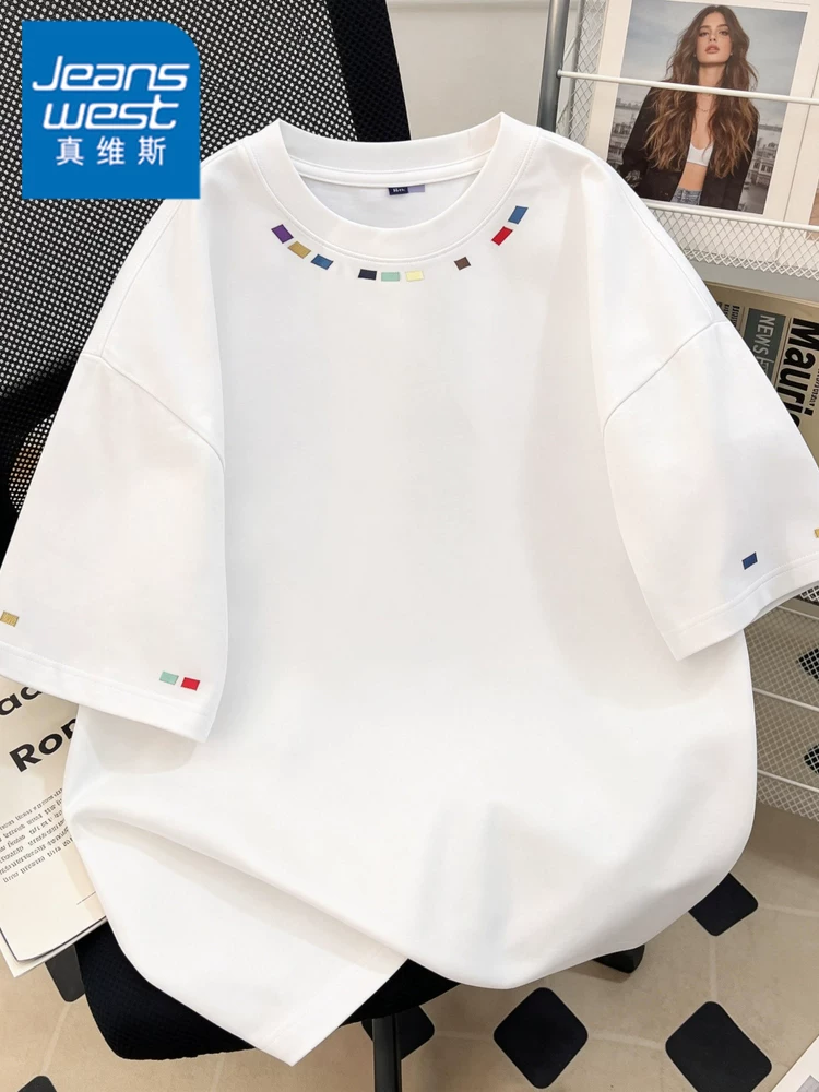 Áo thun cổ tròn thêu họa tiết phong cách Mỹ của thương hiệu Jeanswest dành cho nam, áo thun ngắn tay mùa hè cao cấp, chất liệu lụa băng thoáng khí, thân thiện với làn da.