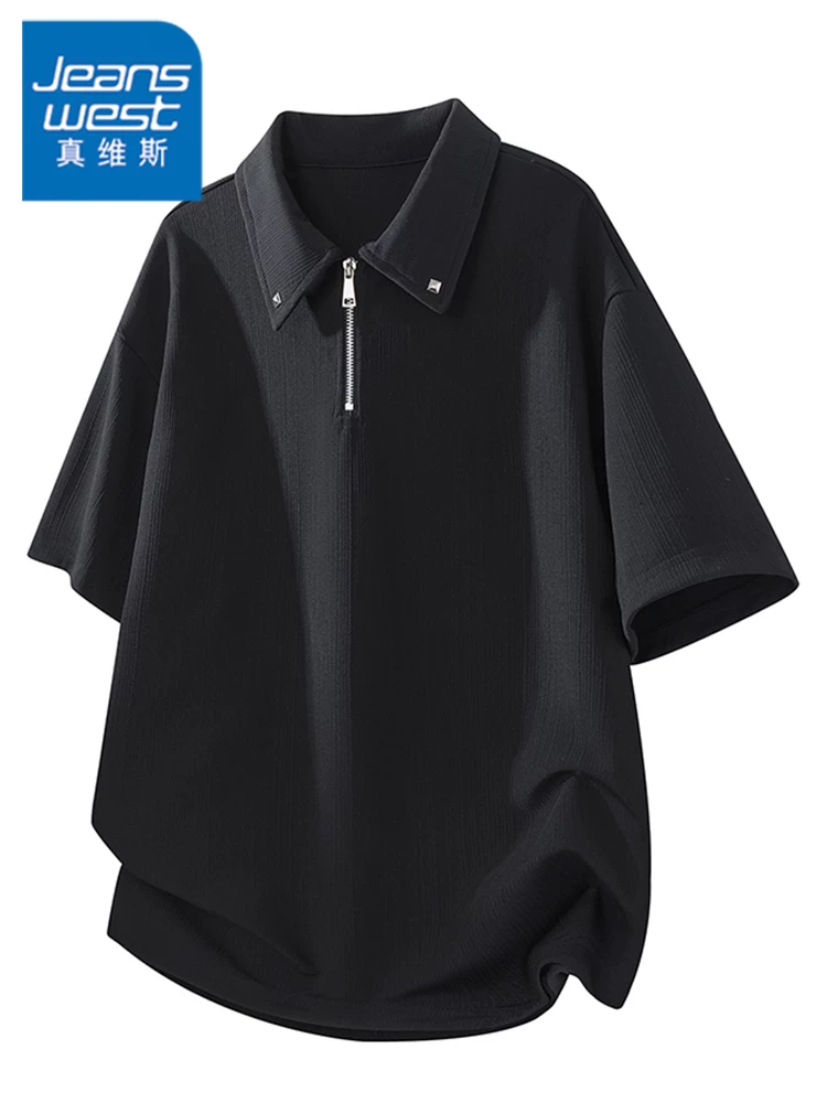 Áo thun nam tay ngắn cổ bẻ màu đen của Jeanswest, áo thun nửa tay dáng rộng phong cách cao cấp mùa hè, áo kiểu nửa khóa kéo hợp thời trang.