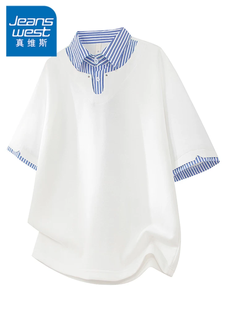 Áo polo giả hai mảnh phối màu của Jeanswest dành cho nam, áo polo mùa hè cao cấp, rộng rãi, hợp thời trang, thoáng khí.