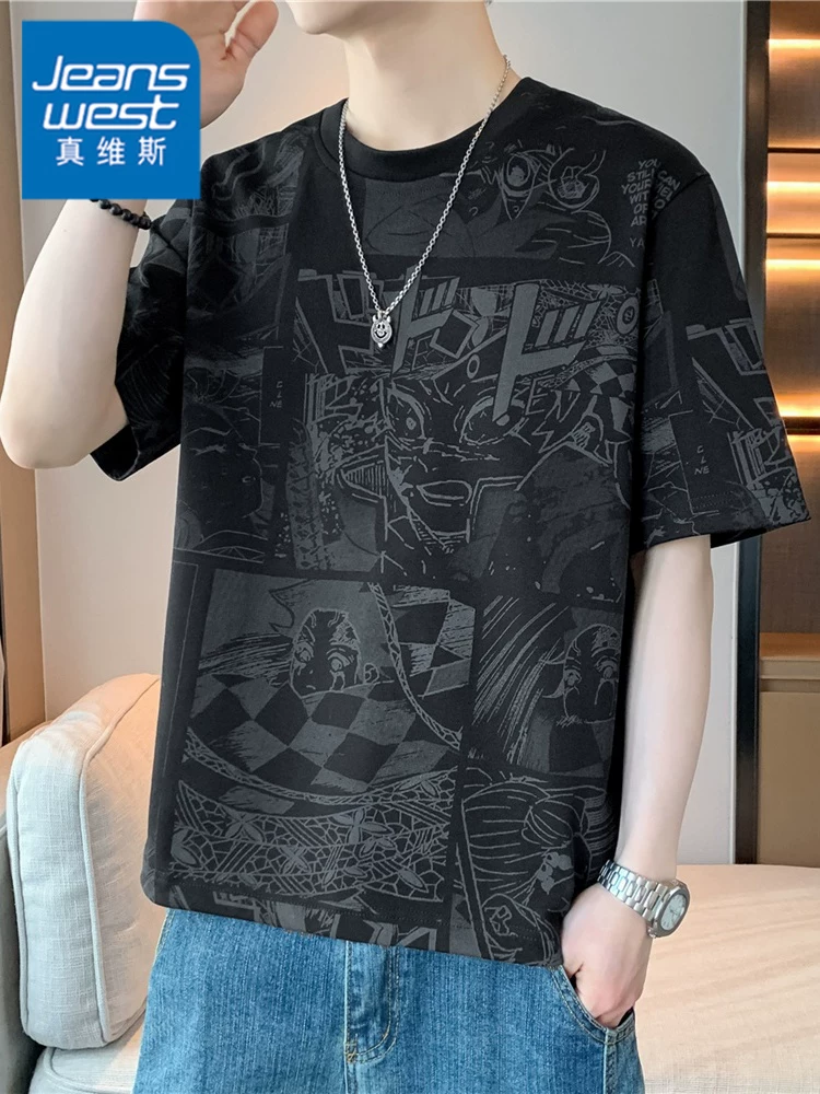 Áo thun ngắn tay in họa tiết graffiti cao cấp của Jeanswest dành cho nam mùa xuân hè thương hiệu thời trang Mỹ áo dáng rộng thông thường