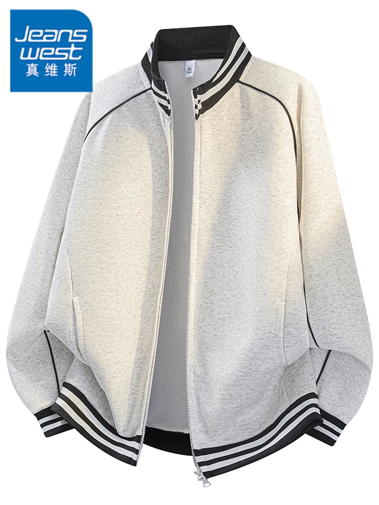 Áo khoác chắp vá cổ đứng sọc phong cách Mỹ của Jeanswest dành cho nam, mùa xuân và mùa thu, áo khoác dáng rộng thông thường của thương hiệu thời trang cao cấp.