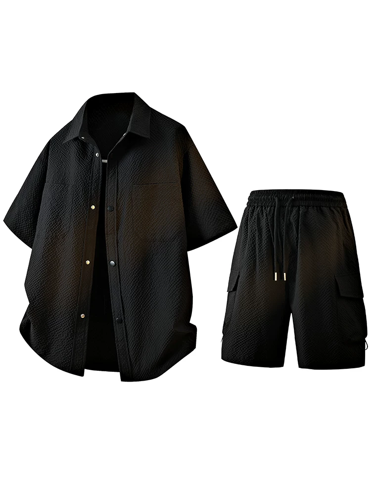 Bộ đồ thể thao mùa hè nam Jeanswest chất liệu vải gạc bong bóng lụa đá mát mẻ, áo sơ mi ngắn tay hai mảnh mới năm 2025