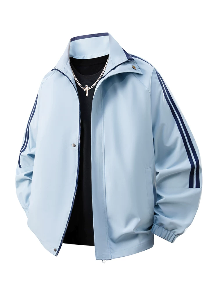 Áo khoác sọc cổ đứng cao cấp của Jeanswest dành cho nam, áo khoác màu đen chống gió dáng rộng phong cách Mỹ mùa xuân thu.