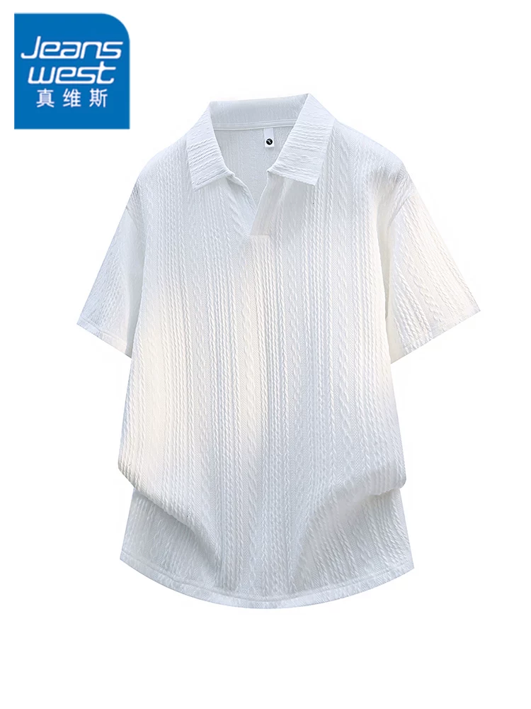 Áo thun nam cổ bẻ dệt jacquard màu trơn phong cách Mỹ của Jeanswest, áo thun ngắn tay cao cấp mùa hè, kiểu dáng rộng rãi, thoáng khí.