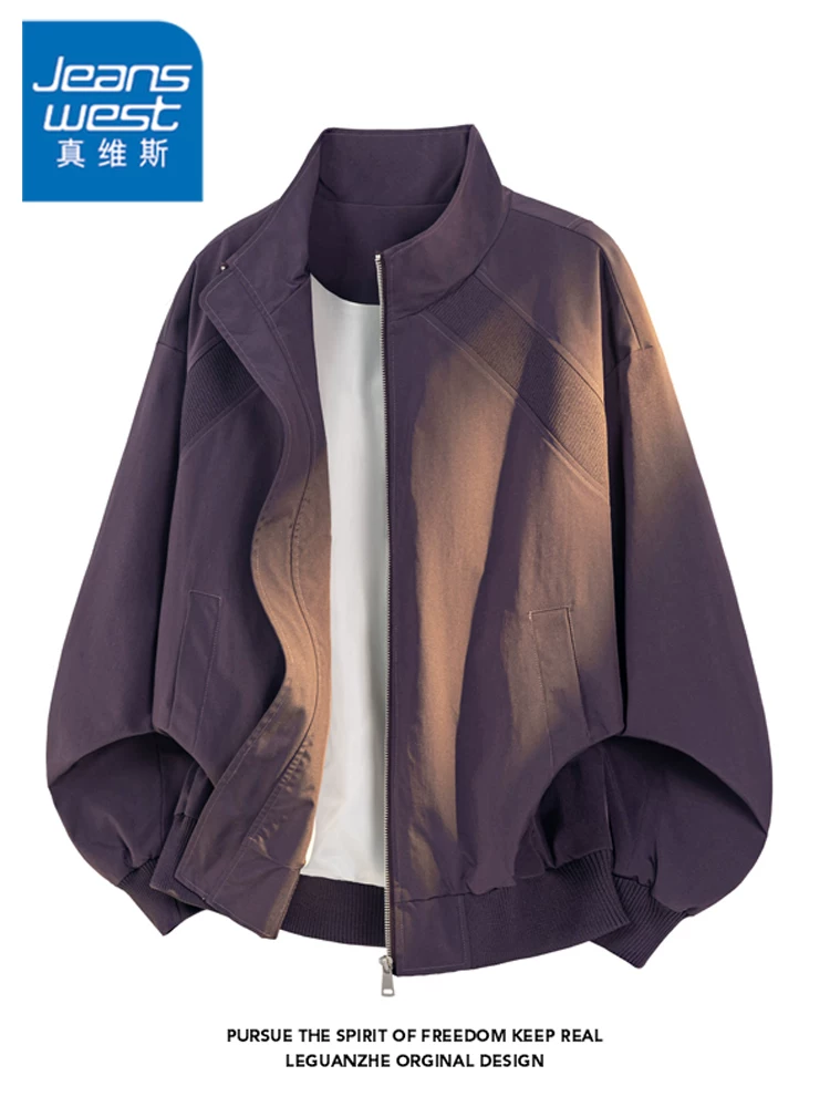 Áo khoác phi công màu trơn phong cách Mỹ của Jeanswest dành cho nam, mùa xuân thu, áo khoác ngoài cổ đứng dáng rộng cao cấp.
