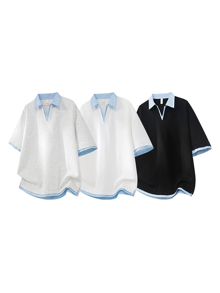 Áo thun nam cổ chữ V sọc giả hai mảnh phong cách Mỹ của Jeanswest, dáng rộng mùa hè, cảm giác cao cấp, thoáng khí, thân thiện với làn da, tay ngắn hợp thời trang.