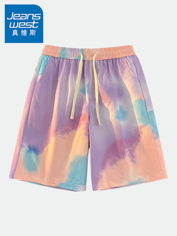 Quần short màu hồng dopamine của Jeanswest dành cho nam, kiểu dáng mỏng mùa hè, kiểu dáng thẳng hợp thời trang, quần short năm điểm phối màu kiểu Mỹ.