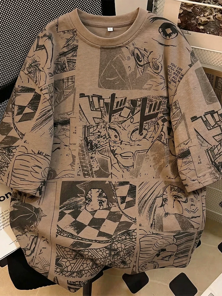 Áo thun cổ tròn in hình Anime chất liệu Ice Silk dành cho nam, kiểu dáng rộng rãi mùa hè, cao cấp, thoáng khí, mát mẻ và hợp thời trang, tay ngắn.