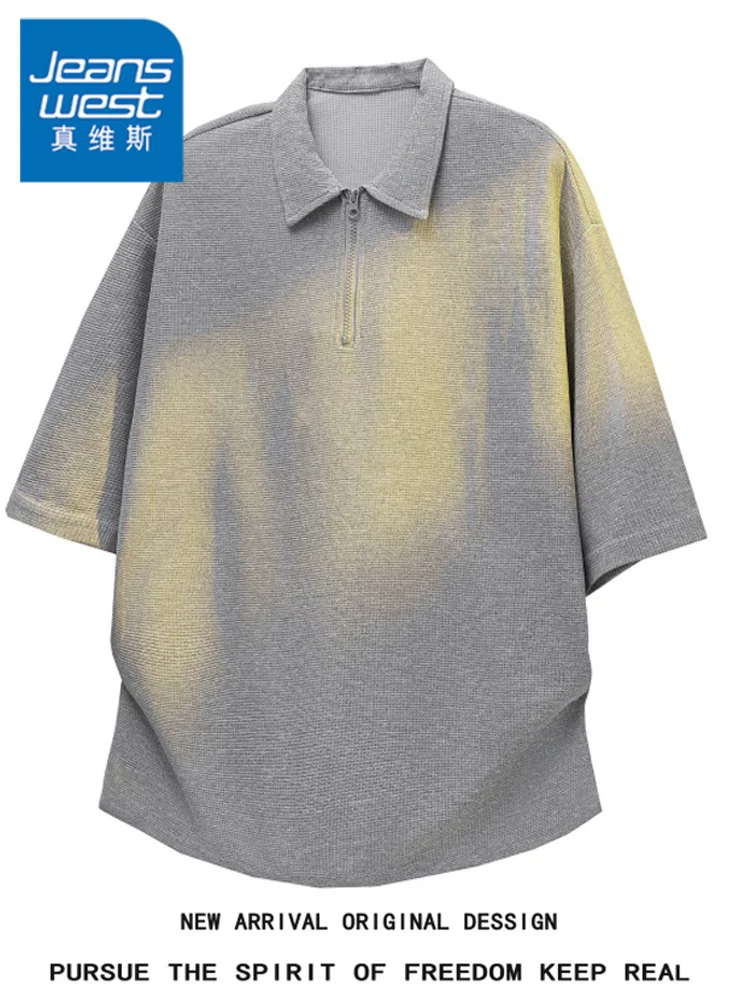 Áo polo nam Jeanswest kiểu Mỹ, màu trơn, nửa khóa kéo, chất liệu cao cấp, dáng rộng, thời trang, tay ngắn, mùa hè.