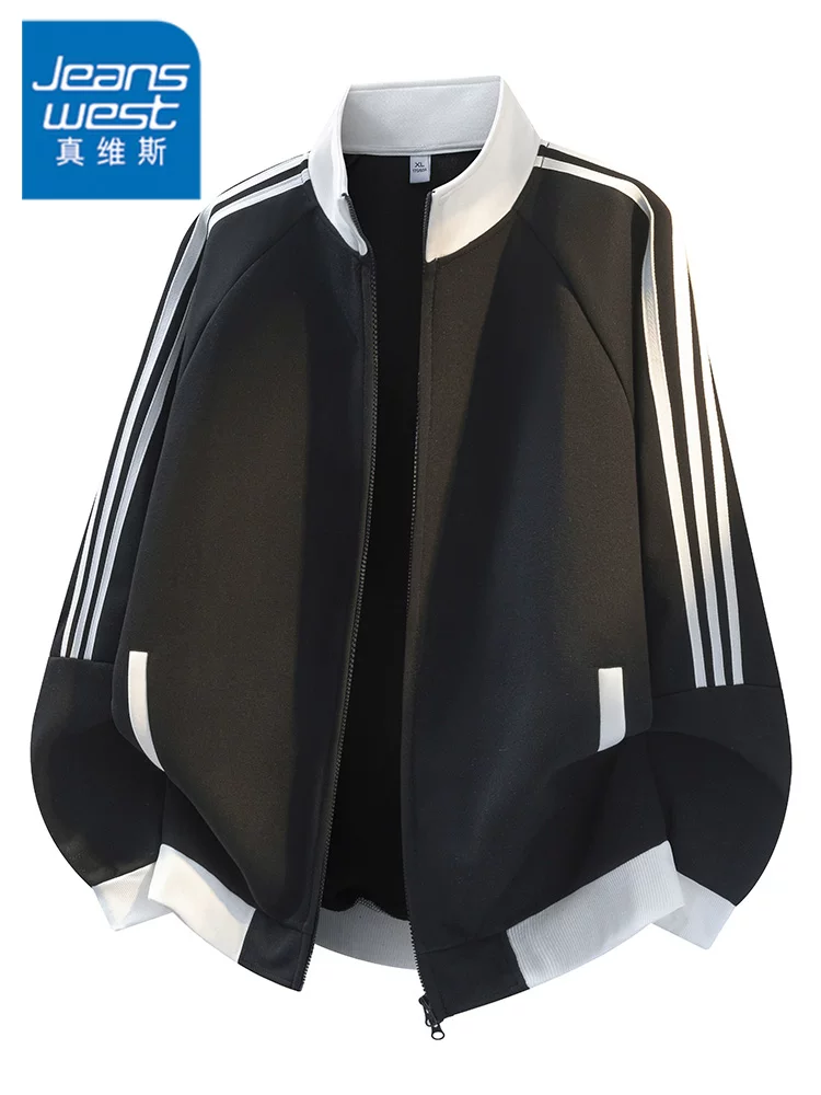 Áo khoác nam Jeanswest 2026 kiểu Mỹ mới, ba sọc, cổ đứng, mùa xuân thu, chất liệu cao cấp, dáng rộng, phong cách casual.