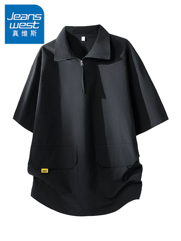 Áo thun nam có cổ tay dài năm phần tư cao cấp của Jeanswest mùa xuân hè dáng rộng thoáng khí thường ngày màu đen