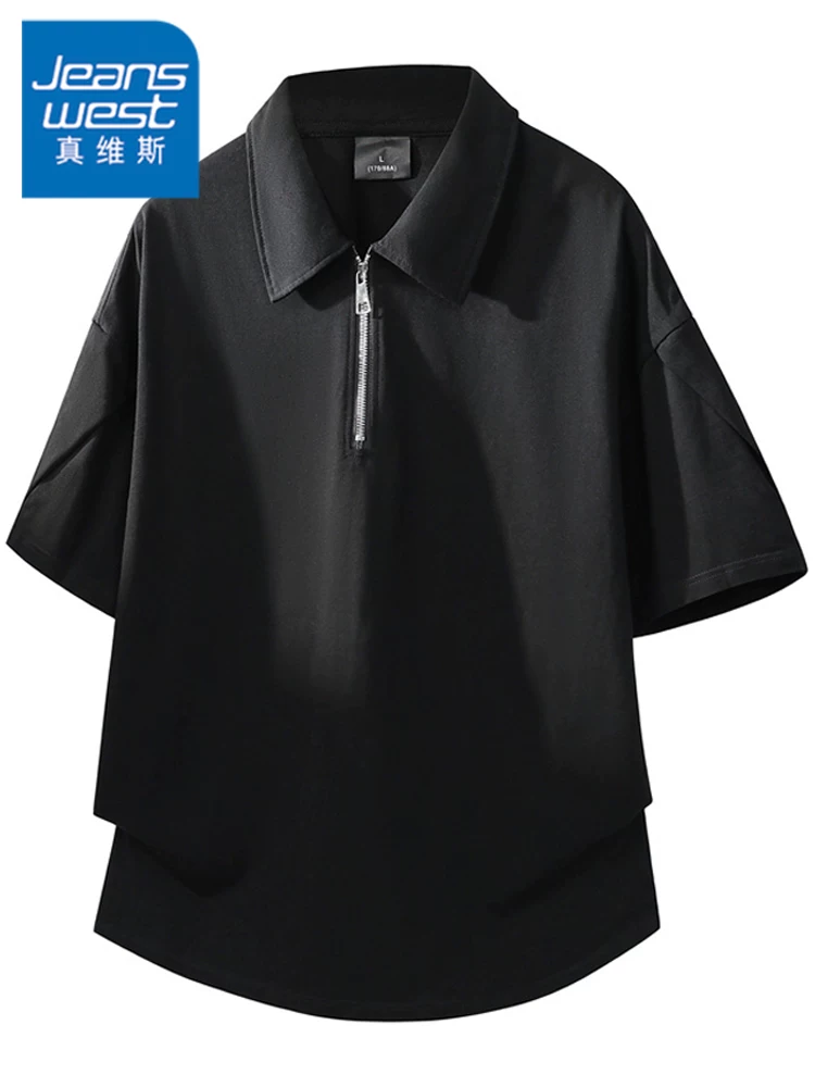 Áo thun nam Jeanswest 100% cotton nguyên chất màu đen, kiểu nửa khóa kéo, cao cấp, rộng rãi, thoáng khí, tay ngắn, mùa hè.