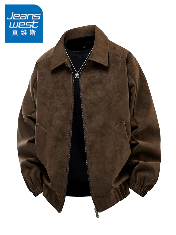 Áo khoác da cổ điển có ve áo kiểu thường ngày của Jeanswest dành cho nam giới, áo khoác ngoài đa năng cao cấp hợp thời trang mùa xuân và mùa thu.