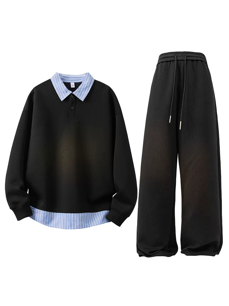 Bộ áo khoác nỉ phối màu giả hai lớp Jeanswest dành cho nam, kiểu mới xuân thu 2026, bộ hai mảnh rộng rãi thoải mái.