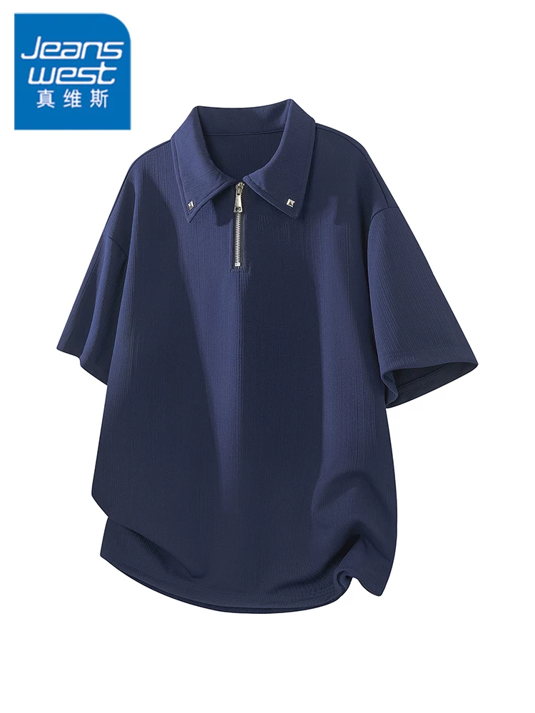 Áo thun nam cổ trụ nửa khóa kéo kiểu Mỹ của Jeanswest, mùa xuân hè, thương hiệu thời trang cao cấp, dáng rộng thoải mái, thoáng khí, tay ngắn.