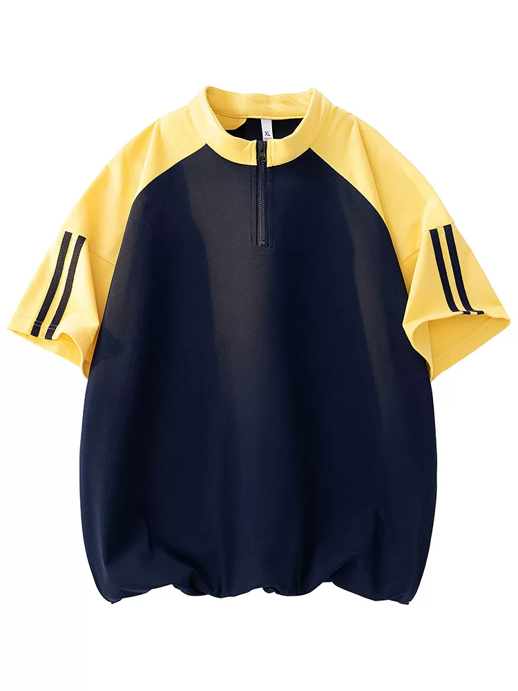 Áo thun nam Jeanswest kiểu Mỹ, phối màu sọc, nửa khóa kéo, chất liệu cao cấp, dáng rộng, thoáng khí, tay ngắn, mùa hè.