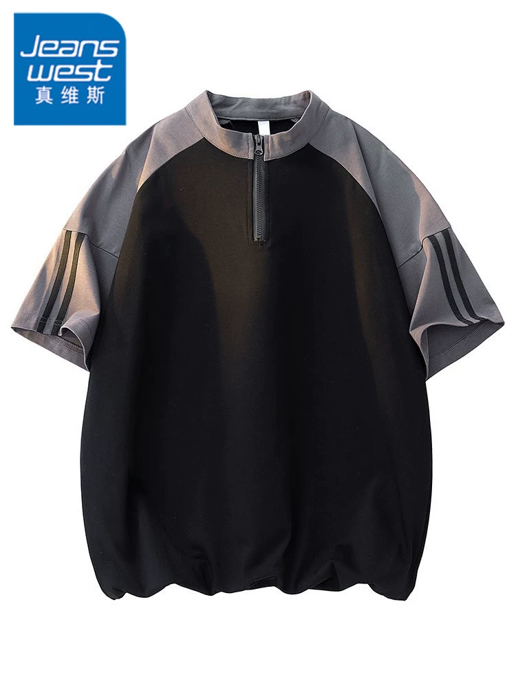 Áo thun nam Jeanswest chất liệu lụa đá mỏng, cổ tròn, nửa khóa kéo, tay ngắn, kiểu Mỹ, dáng rộng, đa năng, phong cách thường ngày mùa hè.