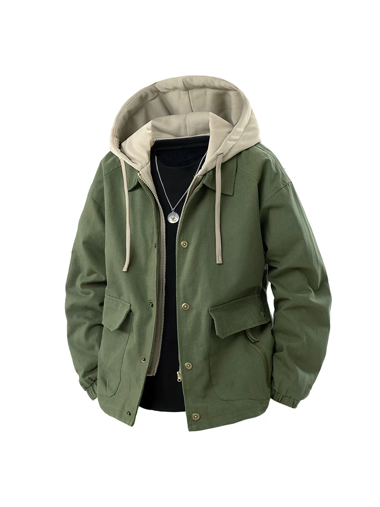 Áo khoác có mũ giả hai lớp kiểu Mỹ của Jeanswest dành cho nam, áo khoác ngoài dáng rộng đa năng mới cho mùa xuân và mùa thu.
