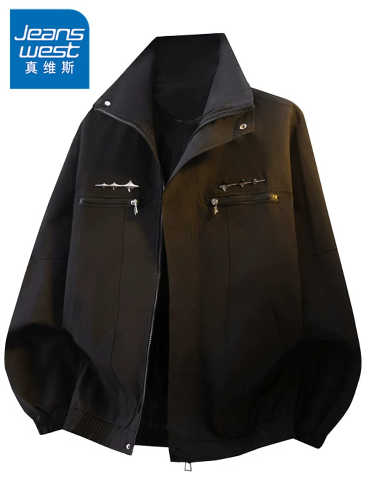 Áo khoác phi công cổ đứng kiểu Mỹ của Jeanswest dành cho nam, mùa xuân thu, thương hiệu thời trang cao cấp, áo khoác dáng rộng thoải mái, phong cách cá tính.