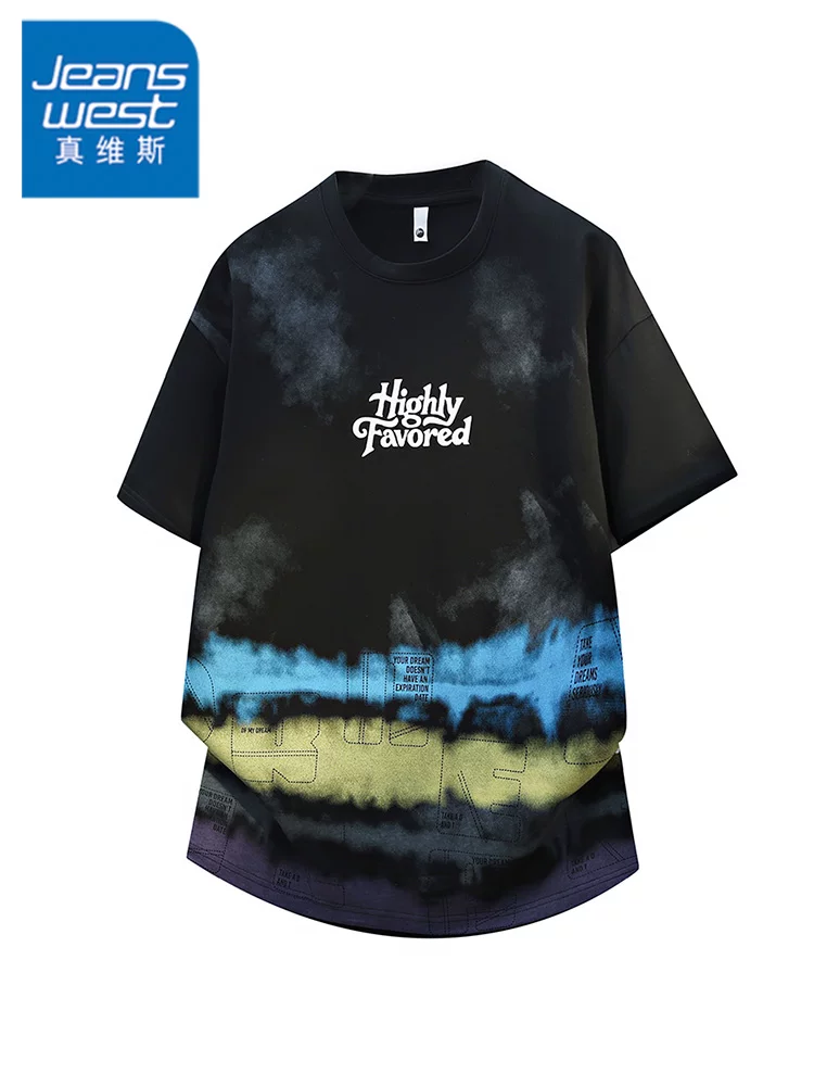 Áo thun nam Jeanswest kiểu Mỹ in chữ nhuộm tie-dye, mùa hè cao cấp, rộng rãi, thoải mái, thoáng khí, thân thiện với làn da, tay ngắn.
