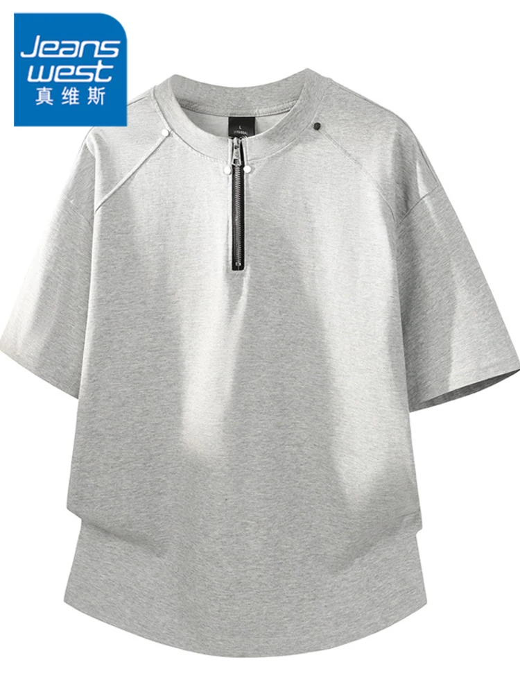 Áo thun nam Jeanswest kiểu Mỹ 100% cotton nguyên chất, nửa khóa kéo, dáng rộng mùa hè, thương hiệu thời trang cao cấp, tay ngắn thoáng khí.