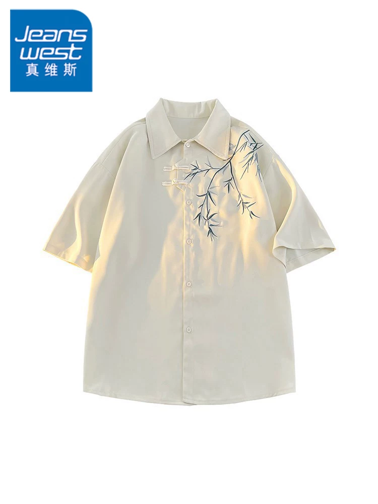 Jeanswest màu trắng phong cách dân tộc thêu tre tay ngắn nam mùa hè mới dáng rộng phong cách Trung Quốc mới hợp thời trang thương hiệu nửa tay áo.