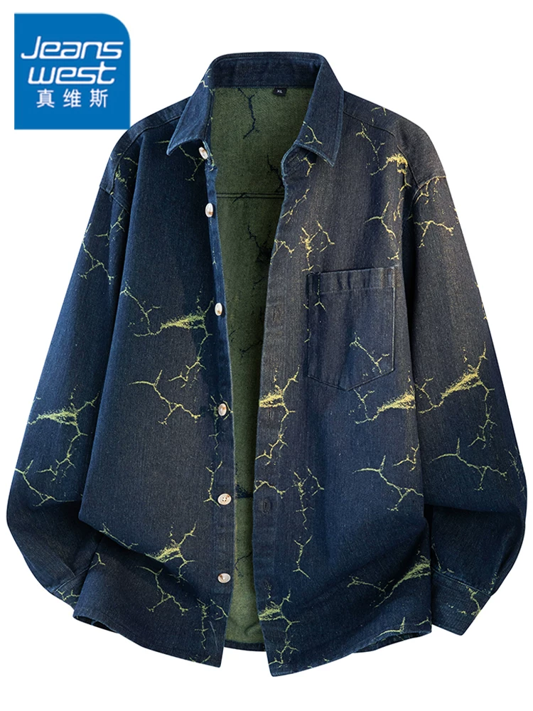 Áo sơ mi denim jacquard cổ bẻ phong cách Mỹ thời thượng của Jeanswest dành cho nam, mùa xuân thu, áo kiểu dáng rộng rãi cao cấp.