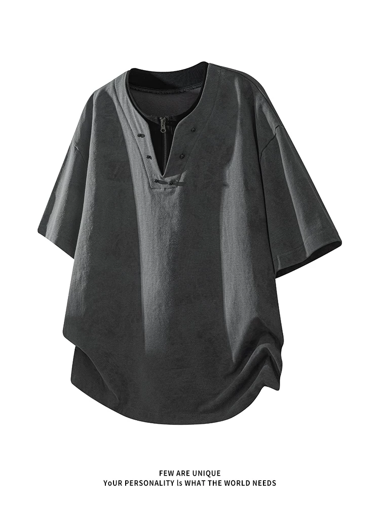 Áo thun nam cổ tròn nửa khóa kéo giả hai lớp phong cách Mỹ của Jeanswest, thương hiệu thời trang cao cấp mùa hè, tay ngắn rộng rãi thoải mái.