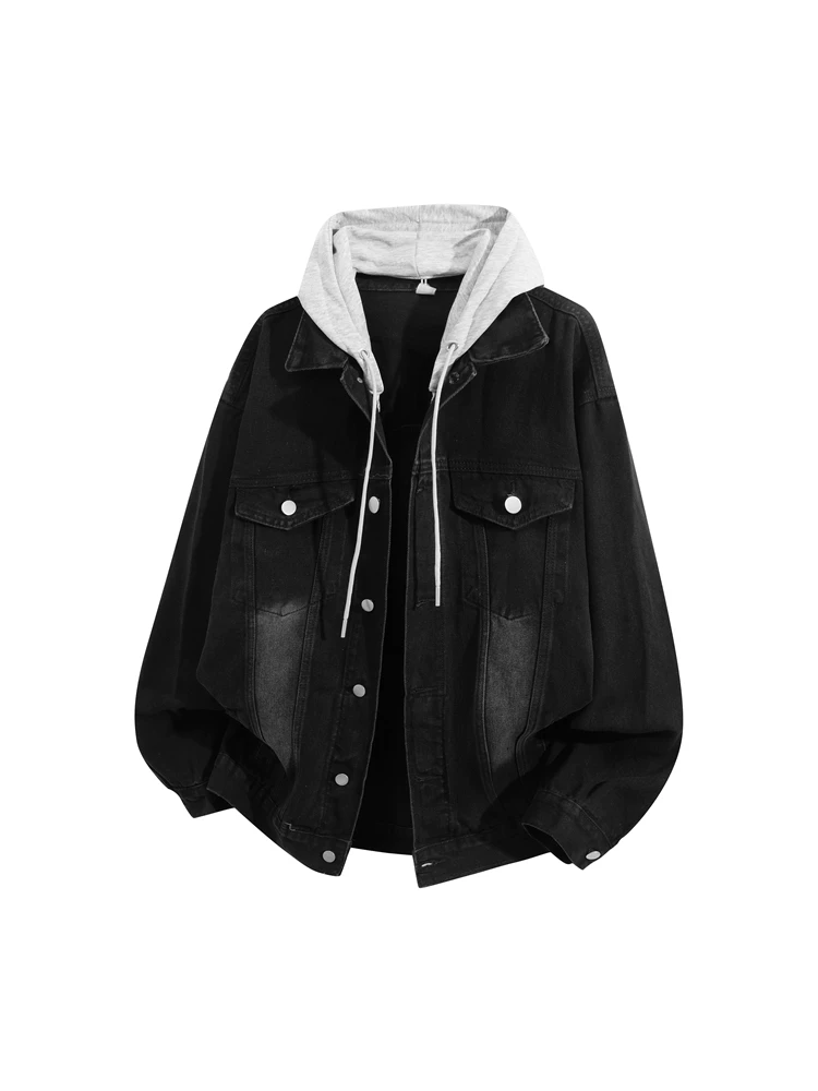 Áo khoác denim giả hai lớp có mũ trùm đầu kiểu Mỹ của Jeanswest dành cho nam, áo khoác thường ngày dáng rộng mùa thu.