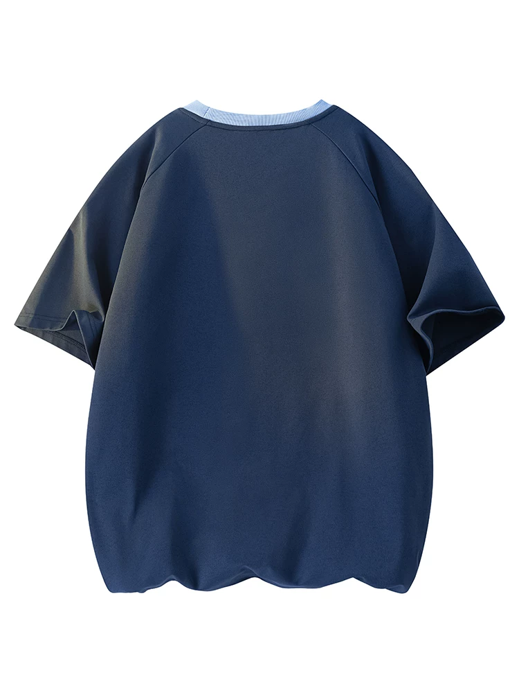 Áo thun cổ tròn giả hai mảnh phong cách Mỹ của Jeanswest dành cho nam, dáng rộng mùa hè, cảm giác cao cấp, thoáng khí, áo ngắn tay thân thiện với làn da.